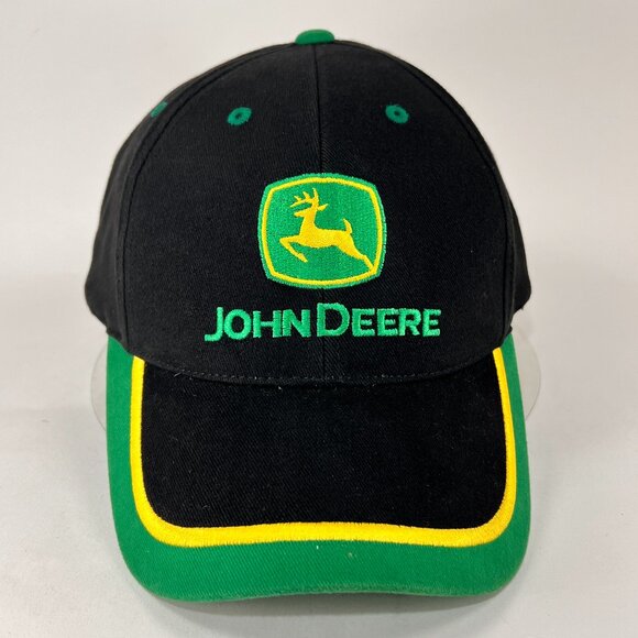 John Deere Strap Back Cap Hat Black Baseball Spell Out Tractor Farming Logo Mens - Picture 1 of 13